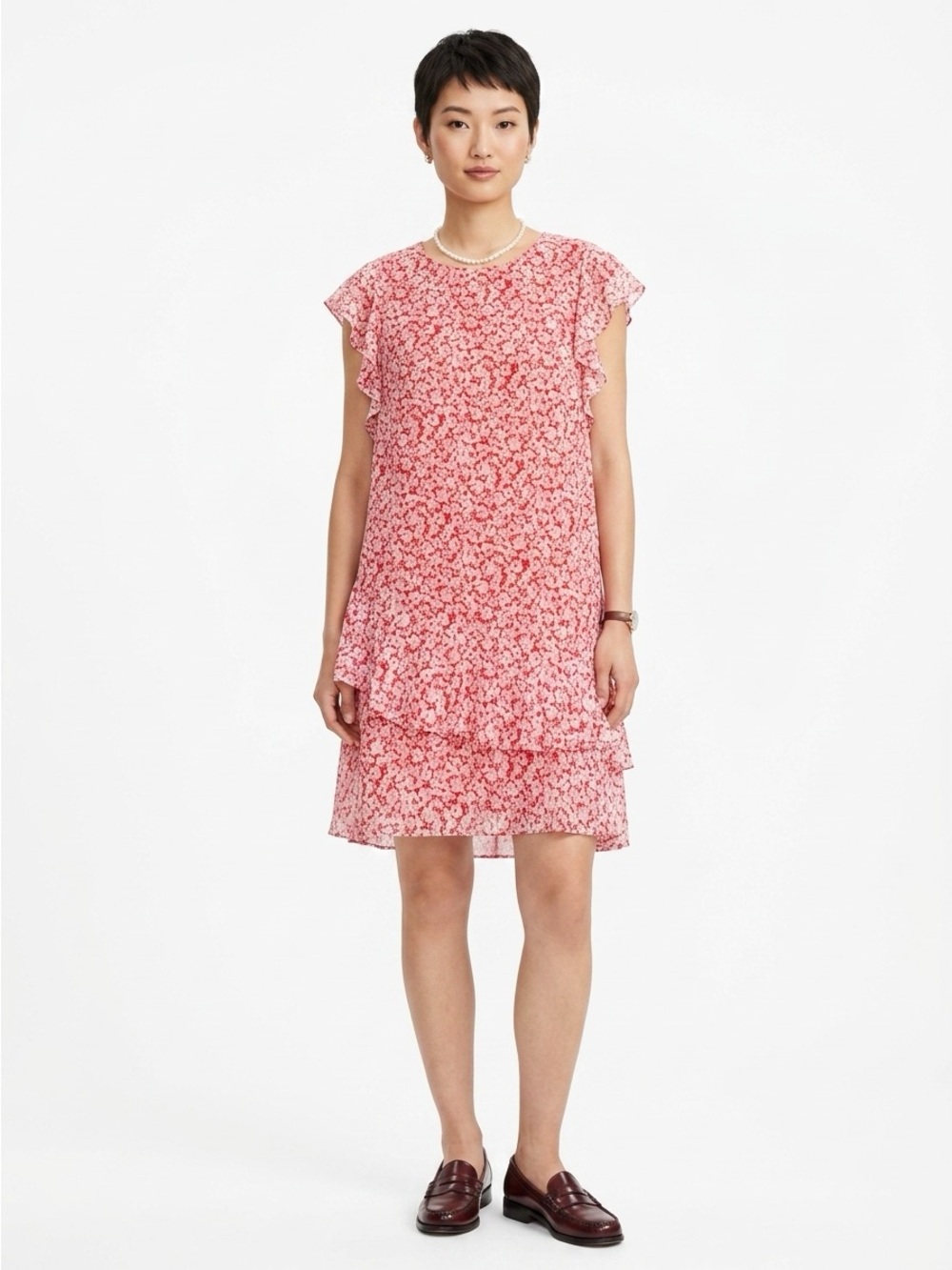 Lauren Ralph Lauren Asymmetrical Ruffle Dress Abstract Floral Pink white 18W